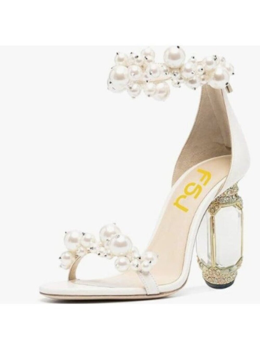 FSJ Women Open Toe Sandal Ankle Strap Chunky Block High Thick Heels White Pearl